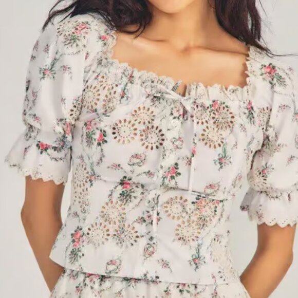 NWOT LoveShackFancy Anala Floral Broderie-anglaise Cotton-poplin Top Floral S - Picture 1 of 13